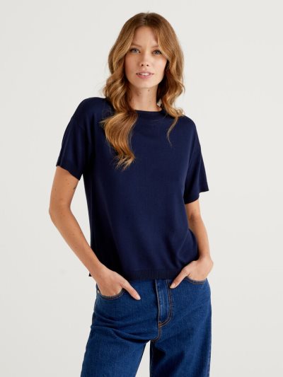 Dark Blue Women's Benetton Short Sleeve Sweaters | AU858542