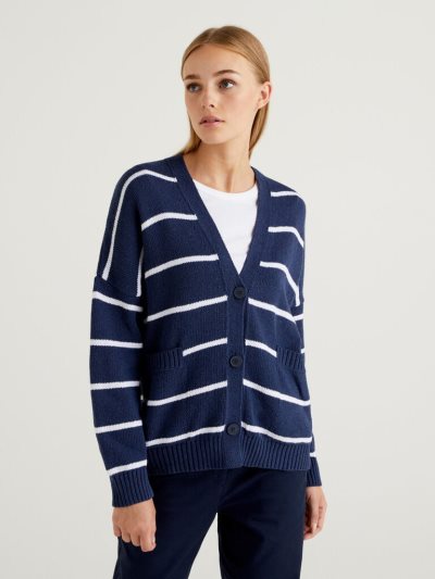 Dark Blue Women's Benetton Striped Buttons Cardigan | AU626422
