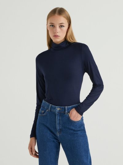 Dark Blue Women's Benetton Sustainable Stretch Viscose Turtleneck Long Sleeve T-shirts | AU856927