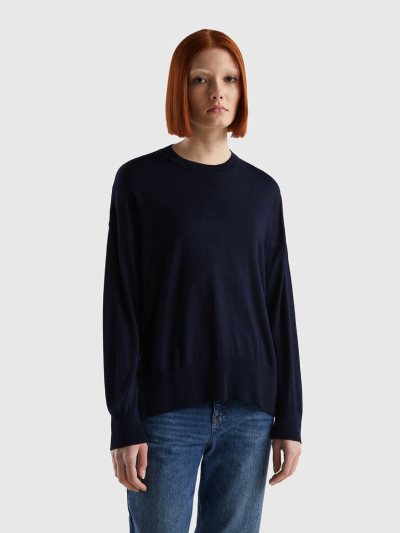 Dark Blue Women's Benetton Viscose Blend Slits Crew Neck Sweaters | AU038411