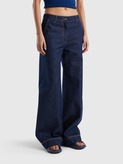 Dark Blue Women's Benetton Wide Leg Chinos | AU751081