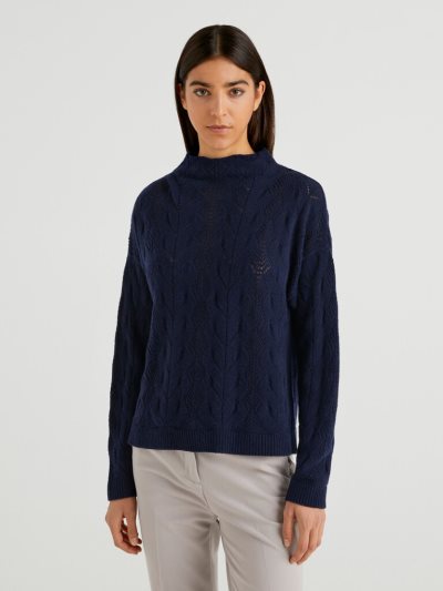 Dark Blue Women's Benetton Wool Blend Lace High Neck Sweaters | AU653473