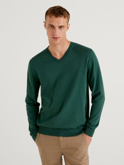 Dark Green Men's Benetton Lightweight Cotton Blend V-neck Sweaters | AU352795