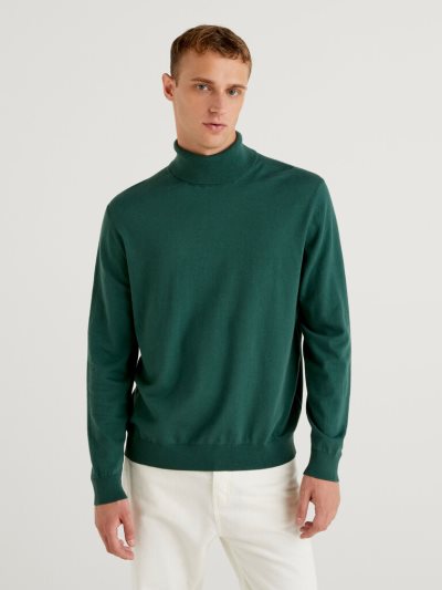 Dark Green Men's Benetton Lightweight Cotton Blend Turtleneck High Neck Sweaters | AU442547