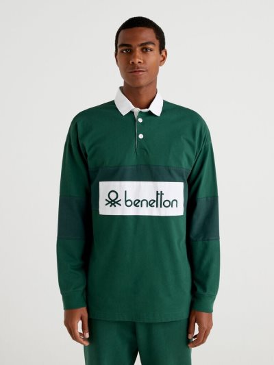 Dark Green Men's Benetton Organic Cotton Rugby Long Sleeve Polos | AU721348
