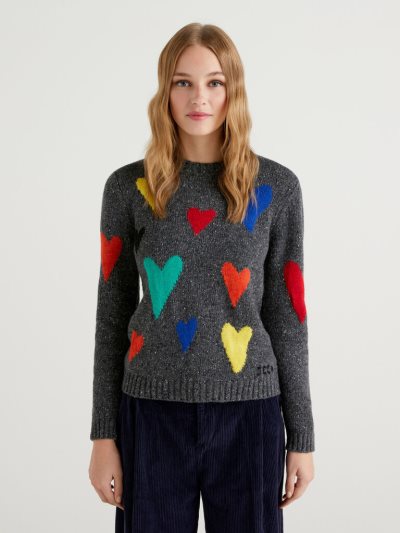 Dark Grey Women's Benetton Jccxucb Hearts Crew Neck Sweaters | AU887123