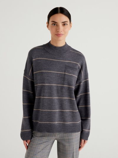 Dark Grey Women's Benetton Striped Turtleneck High Neck Sweaters | AU771637