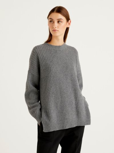 Dark Grey Women's Benetton Wool Blend Slits Crew Neck Sweaters | AU175949