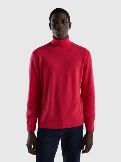 Deep Fuchsia Men's Benetton Pure Merino Wool Turtleneck High Neck Sweaters | AU315731