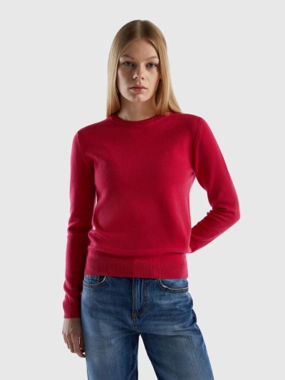 Deep Fuchsia Women's Benetton Crew Neck Pure Merino Wool Sweaters | AU073843