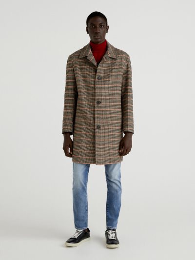 Dove Grey Men's Benetton Check Wool Blend Coats | AU577825