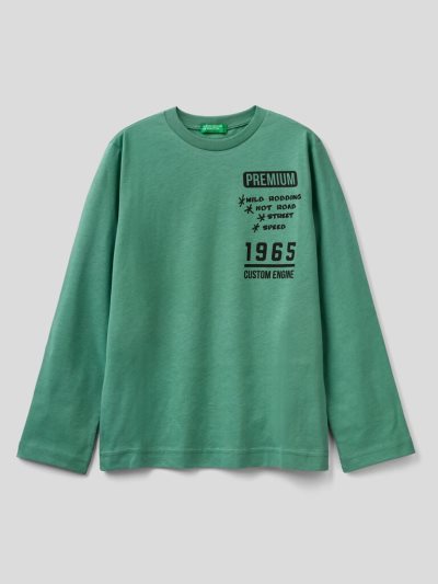 Green Kids' Benetton Warm Organic Cotton Print Long Sleeve T-shirts | AU468856