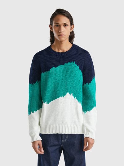 Green Men's Benetton Color Block Crew Neck Sweaters | AU911907
