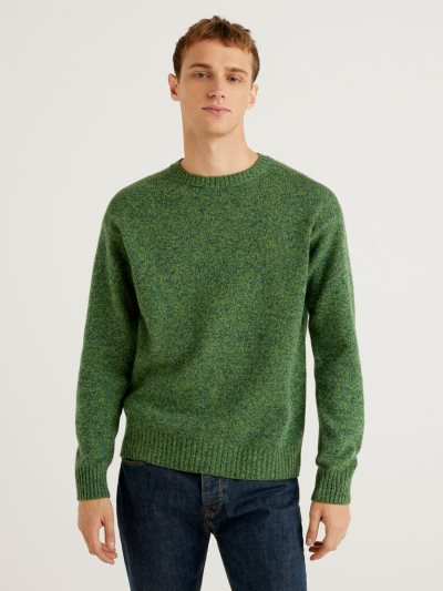 Green Men's Benetton Crew Neck Pure Shetland Wool Sweaters | AU506216
