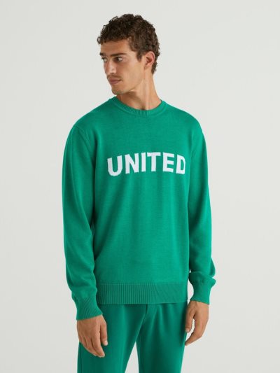 Green Men's Benetton Inlaid Slogan Crew Neck Sweaters | AU767990