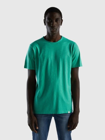 Green Men's Benetton Slub Cotton Short Sleeve T-shirts | AU038017