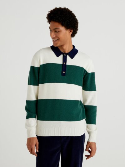 Green Men's Benetton Striped Knit Crew Neck Sweaters | AU594089