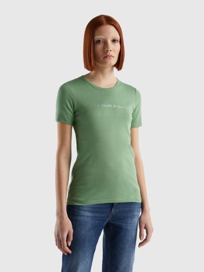 Green Women's Benetton 100% Cotton Glitter Print Logo Short Sleeve T-shirts | AU463957