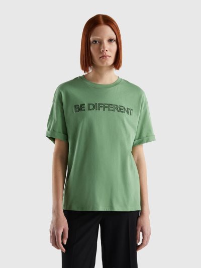 Green Women's Benetton 100% Cotton Slogan Short Sleeve T-shirts | AU027685