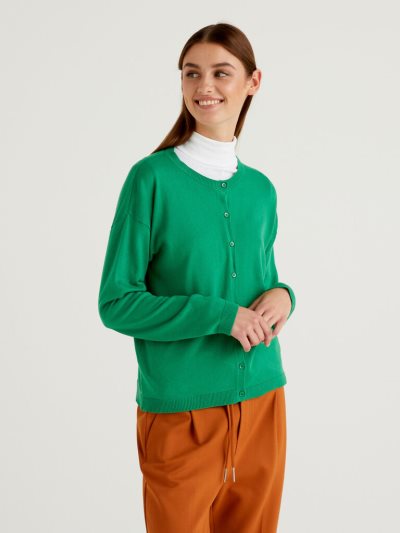 Green Women's Benetton Buttons Crew Neck Cardigan | AU999723