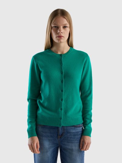 Green Women's Benetton Crew Neck Pure Merino Wool Cardigan | AU648777