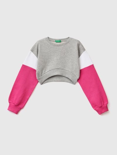 Grey Kids' Benetton Color Block Cropped Sweatshirt | AU902800