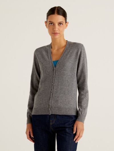 Grey Women's Benetton V-neck Pure Merino Wool Cardigan | AU088497