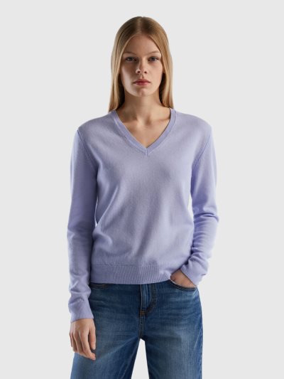 Lavender Women's Benetton Pure Merino Wool V-neck Sweaters | AU298754
