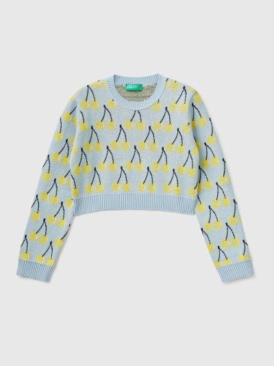 Light Blue Kids' Benetton Cropped Cherry Pattern Sweaters | AU104502