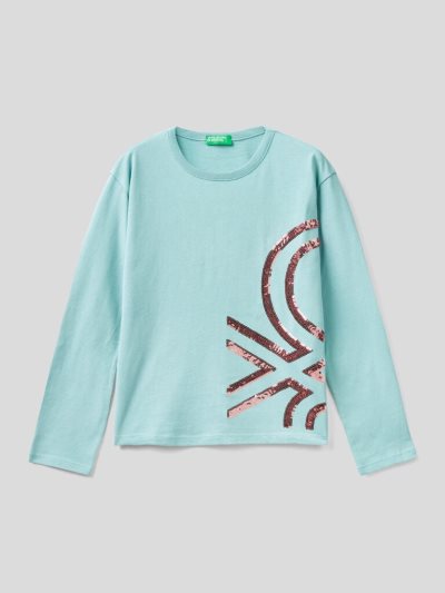 Light Blue Kids' Benetton Warm Cotton Sequins Long Sleeve T-shirts | AU546920
