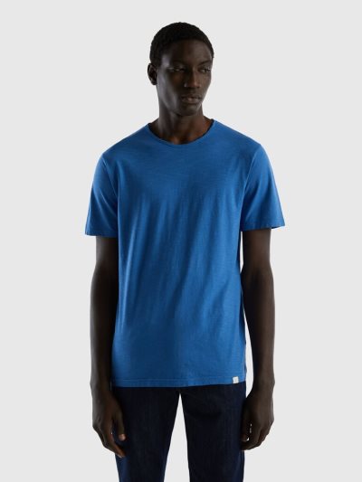 Light Blue Men's Benetton Slub Cotton Short Sleeve T-shirts | AU249215