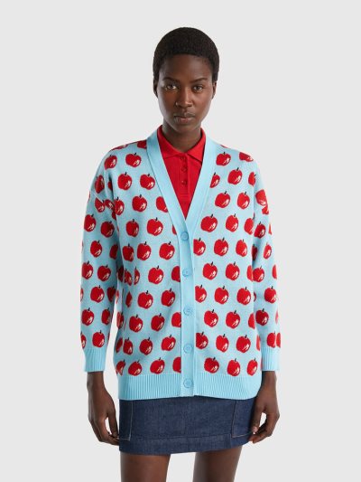 Light Blue Women's Benetton Apple Pattern Cardigan | AU444706