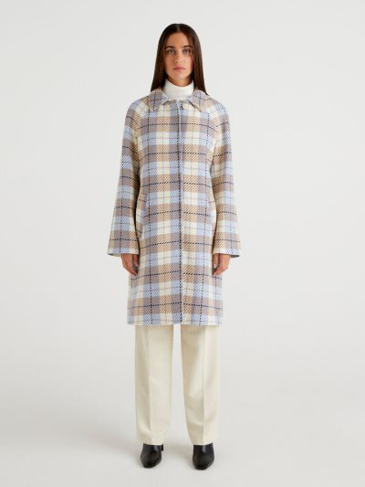 Light Blue Women's Benetton Check Wool Cloth Coats | AU310487
