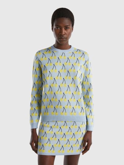 Light Blue Women's Benetton Cherry Pattern Crew Neck Sweaters | AU395786