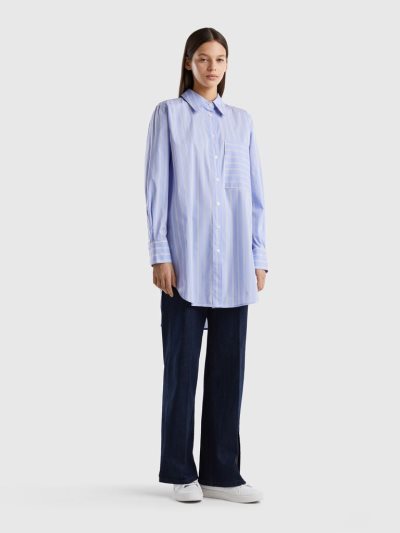 Light Blue Women's Benetton Long Comfort Fit Striped Shirts | AU056710