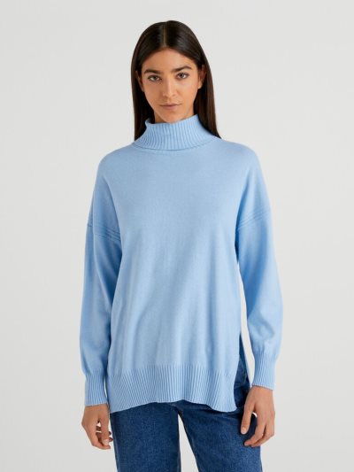 Light Blue Women's Benetton Oversized Fit Cashmere Blend Turtleneck Sweaters | AU015895