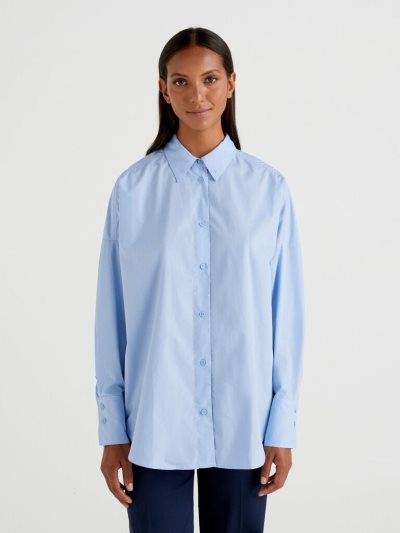 Light Blue Women's Benetton Oversized Fit 100% Cotton Shirts | AU373459