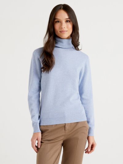 Light Blue Women's Benetton Pure Merino Wool Turtleneck High Neck Sweaters | AU439519