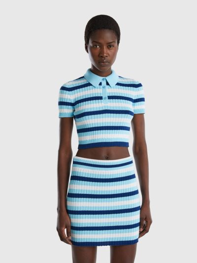 Light Blue Women's Benetton Striped Cropped Polo Shirts | AU407046