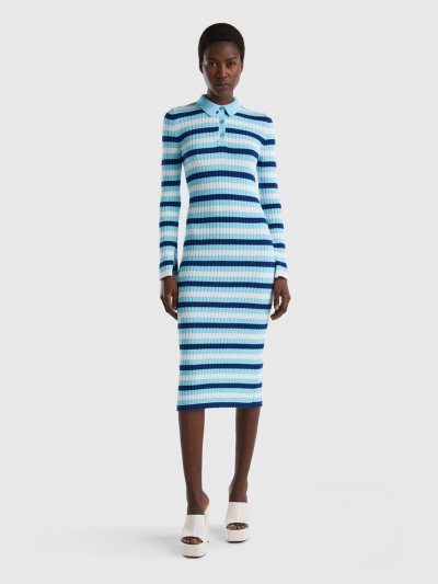 Light Blue Women's Benetton Striped Midi Dress | AU435945