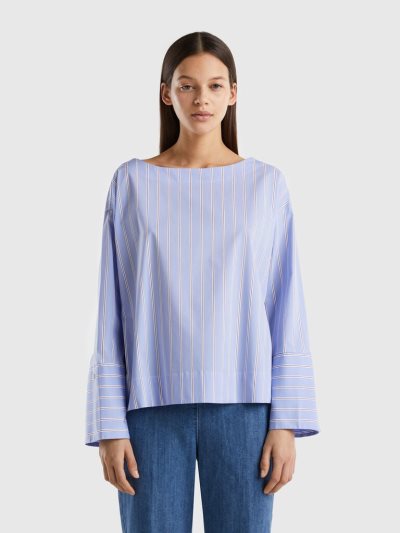 Light Blue Women's Benetton Striped Stretch Cotton Blend Blouse | AU672285