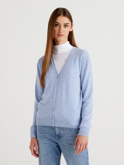 Light Blue Women's Benetton V-neck Pure Merino Wool Cardigan | AU459610