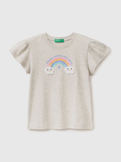 Light Grey Kids' Benetton Glittery Print And Patch Short Sleeve T-shirts | AU159221