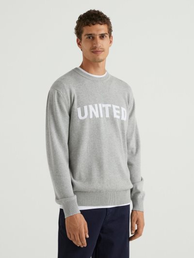Light Grey Men's Benetton Inlaid Slogan Crew Neck Sweaters | AU120295