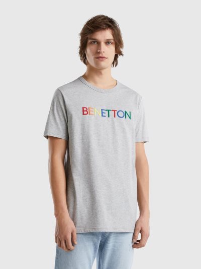 Light Grey Men's Benetton Organic Cotton Logo Print Short Sleeve T-shirts | AU916477
