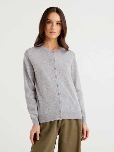 Light Grey Women's Benetton Crew Neck Pure Merino Wool Cardigan | AU646970