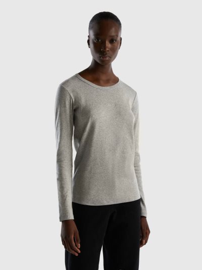 Light Grey Women's Benetton Long Sleeve Gray 100% Cotton T Shirts | AU054203