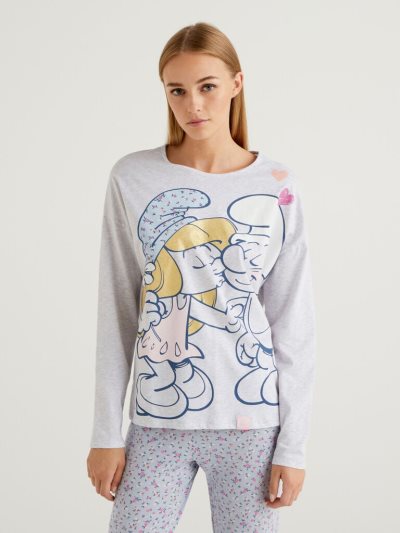 Light Grey Women's Benetton Smurfs Long Fiber Cotton T Shirts | AU964641