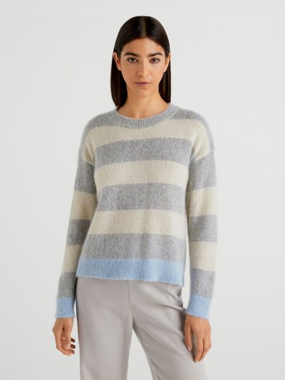 Light Grey Women's Benetton Striped Mohair Blend Crew Neck Sweaters | AU198537
