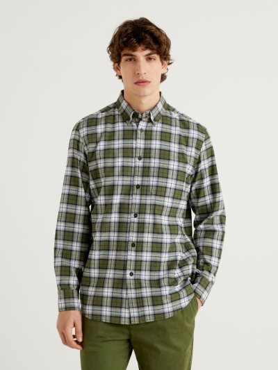 Military Green Men's Benetton Check Flannel Shirts | AU304560